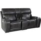 Glenwood Power Recline Console Loveseat w/ Lay Flat, Head Rest & Lumbar in Gray Top Grain Leather