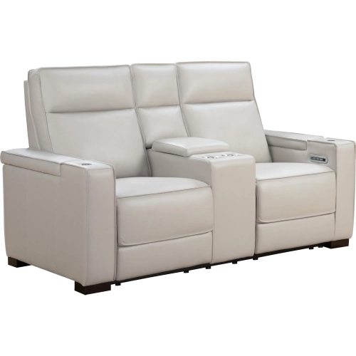 Odessey Power Reclining Console Loveseat w/ Head Rest, Lumbar, Heat & Massage in Dove Leather