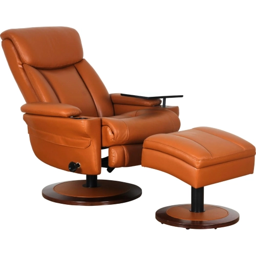 William Manual Swivel Pedestal Recliner, Storage Ottoman & Arm Table in Orange Top Grain Leather