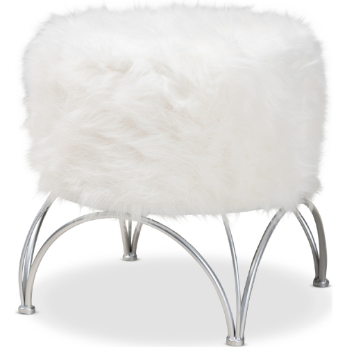 Celia Ottoman in White Faux Fur & Silver Metal