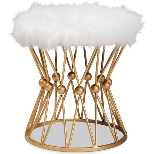 Leonie Ottoman in White Faux Fur & Gold Metal