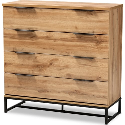 Reid 4 Drawer Dresser in Oak Finish Wood & Black Metal