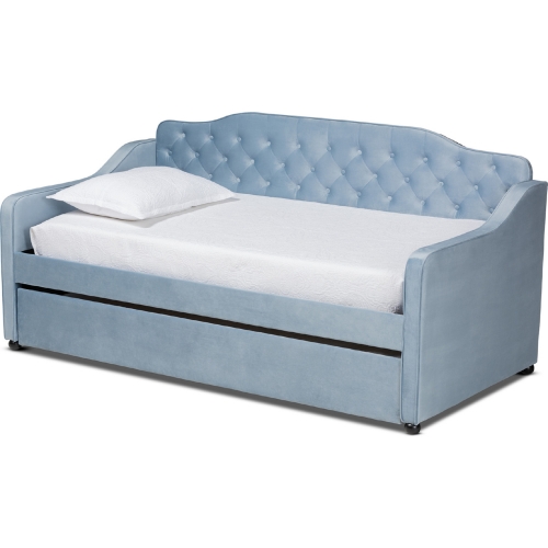 Freda Twin Daybed w/ Trundle in Tufted Light Blue Velvet