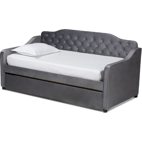 Freda Twin Daybed w/ Trundle in Tufted Gray Velvet