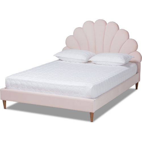 Odille Queen Seashell Platform Bed in Light Pink Velvet & Walnut Finish