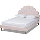 Odille Queen Seashell Platform Bed in Light Pink Velvet & Walnut Finish