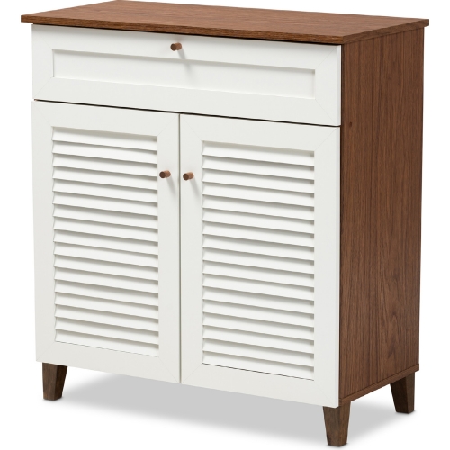 Coolidge 4 Shelf Shoe Storage Cabinet w/ Drawer in White & Walnut