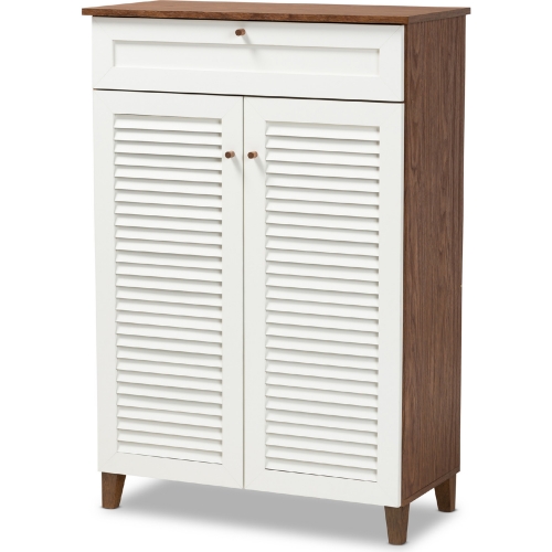 Coolidge 5 Shelf Shoe Storage Cabinet w/ Drawer in White & Walnut