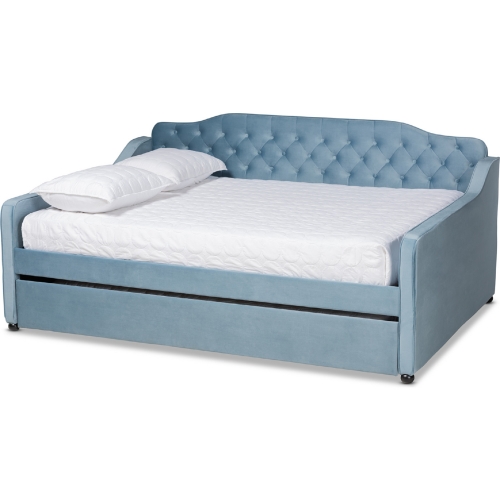 Freda Full Daybed w/ Trundle in Tufted Light Blue Velvet