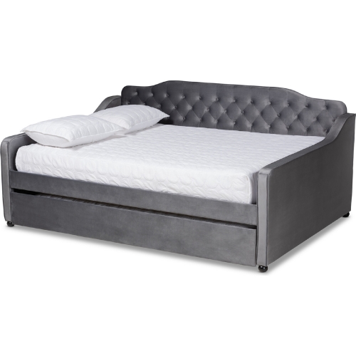 Freda Queen Daybed w/ Trundle in Tufted Gray Velvet