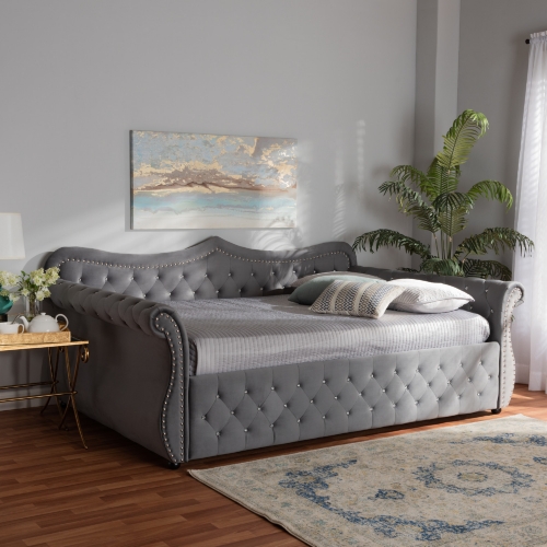 Abbie Full Daybed in Faux Crystal Tufted Gray Velvet