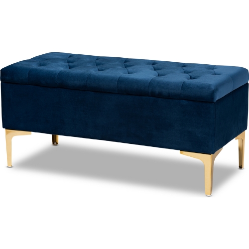 Valere Storage Ottoman in Tufted Navy Blue Velvet & Gold Metal