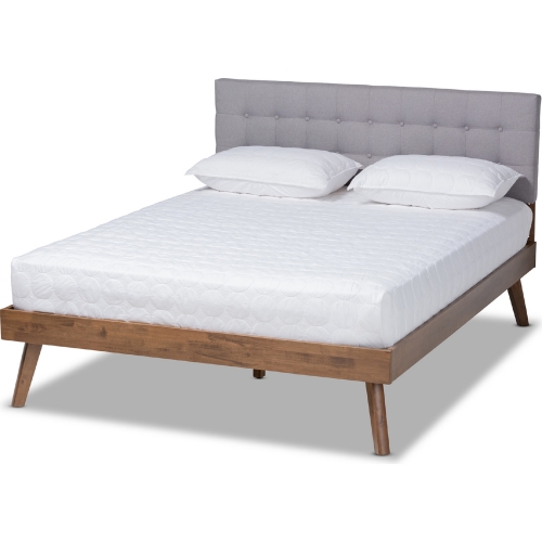 Devan Full Platform Bed in Light Gray Fabric & Walnut Finish