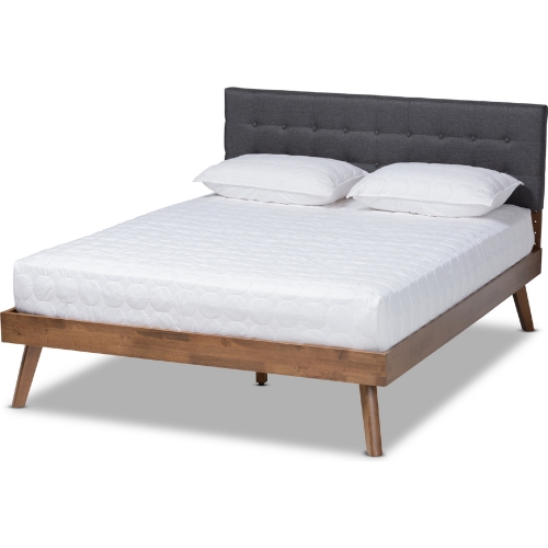 Devan King Platform Bed in Dark Gray Fabric & Walnut Finish