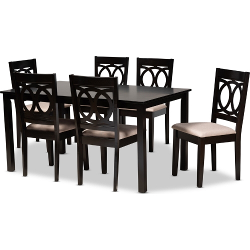 Lenoir 7 Piece Dining Set in Sand Fabric & Espresso Finish Wood