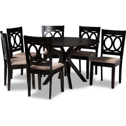 Sanne 7 Piece Dining Set in Sand Fabric & Dark Wood