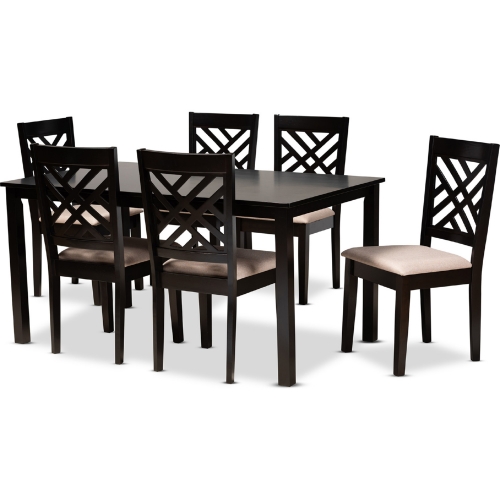 Caron 7 Piece Dining Set in Sand Fabric & Espresso