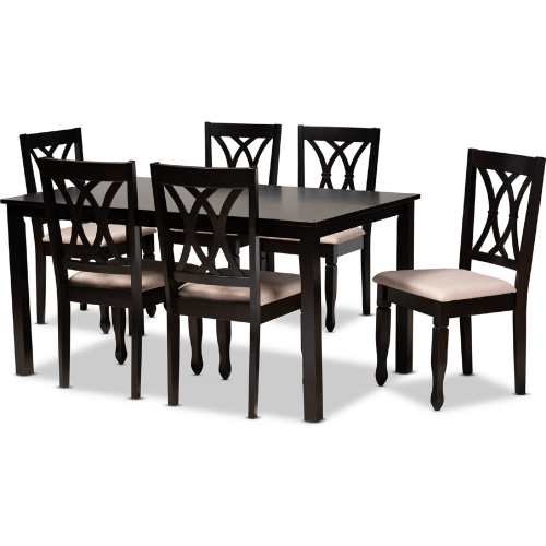 Reneau 7 Piece Dining Set in Sand Fabric & Espresso Finish