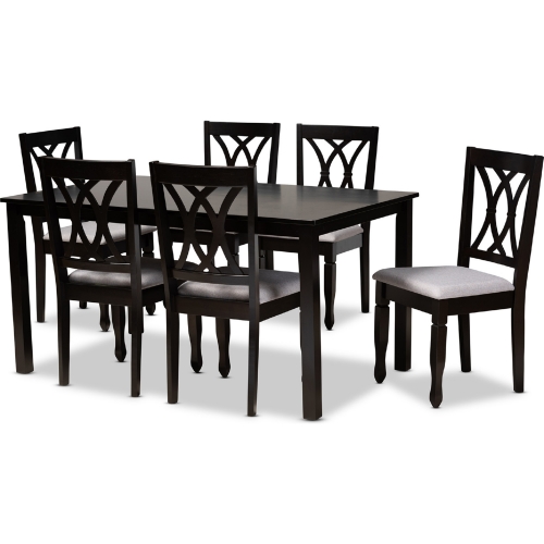 Reneau 7 Piece Dining Set in Gray Fabric & Espresso Finish