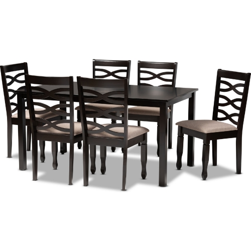 Lanier 7 Piece Dining Set in Sand Fabric & Dark Wood