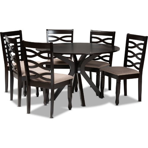 Mila 7 Piece Dining Set in Sand Fabric & Dark Wood