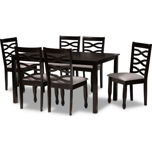 Lanier 7 Piece Dining Set in Gray Fabric & Dark Wood