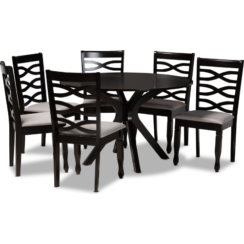 Mila 7 Piece Dining Set in Gray Fabric & Dark Wood