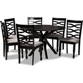 Mila 7 Piece Dining Set in Gray Fabric & Dark Wood