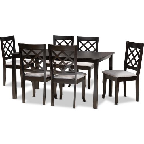 Verner 7 Piece Dining Set in Gray Fabric & Dark Wood