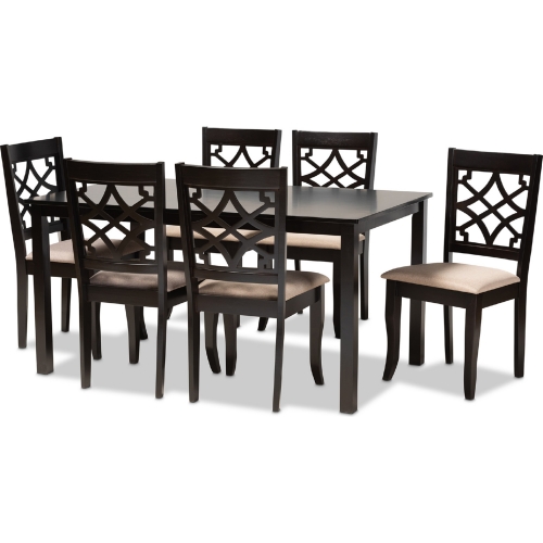 Mael 7 Piece Dining Set in Sand Fabric & Espresso Finish