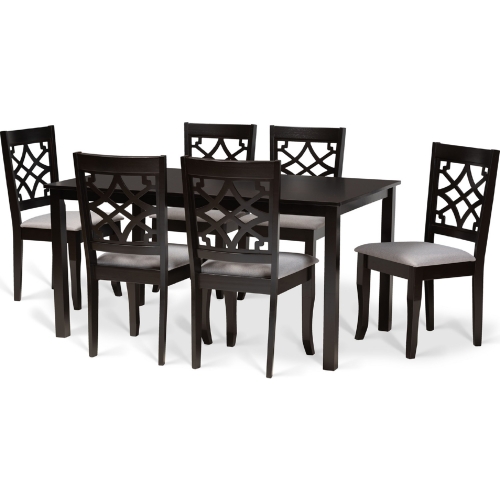 Mael 7 Piece Dining Set in Gray Fabric & Dark Wood