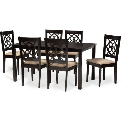 Renaud 7 Piece Dining Set in Sand Fabric & Dark Wood