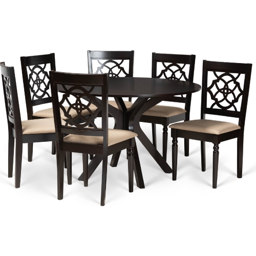 Sadie 7 Piece Dining Set in Sand Fabric & Dark Wood