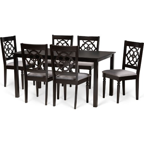 Renaud 7 Piece Dining Set in Gray Fabric & Dark Wood