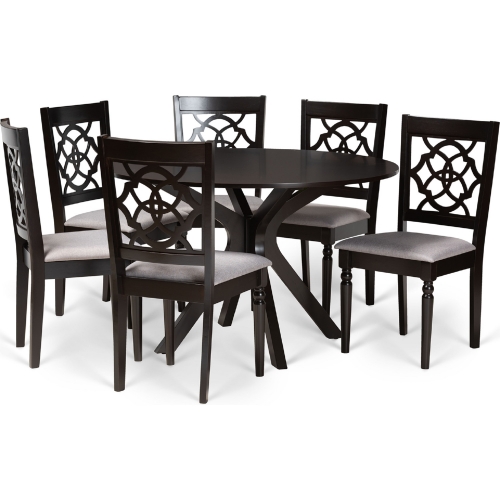 Sadie 7 Piece Dining Set in Gray Fabric & Dark Wood