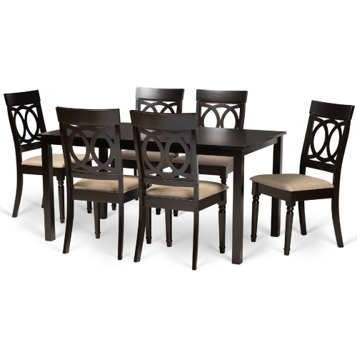 Lucie 7 Piece Dining Set in Sand Fabric & Dark Wood