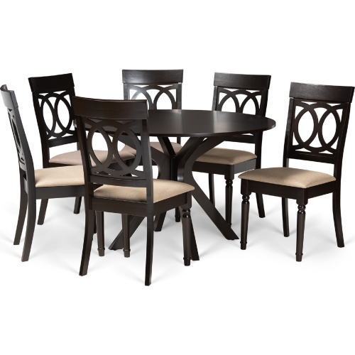 Jessie 7 Piece Dining Set in Sand Fabric & Dark Wood