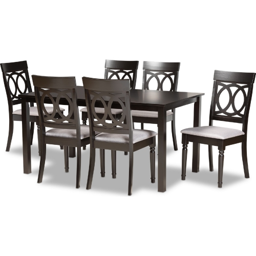 Lucie 7 Piece Dining Set in Gray Fabric & Dark Wood