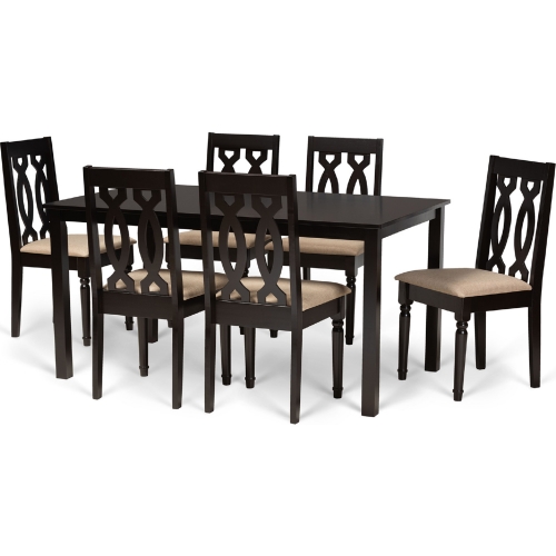 Cherese 7 Piece Dining Set in Sand Fabric & Dark Brown Wood