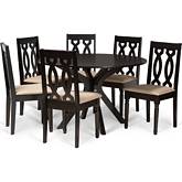 Callie 7 Piece Dining Set in Sand Fabric & Dark Brown Wood