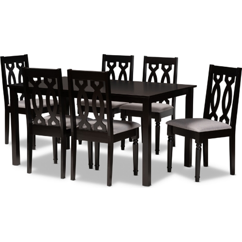 Cherese 7 Piece Dining Set in Gray Fabric & Dark Brown Wood