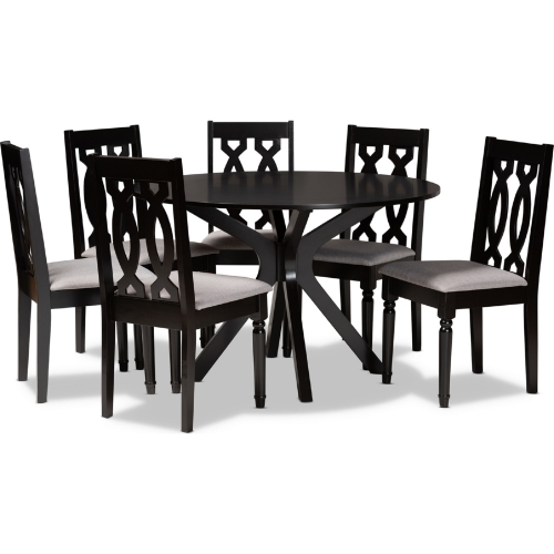 Callie 7 Piece Dining Set in Gray Fabric & Dark Brown Wood