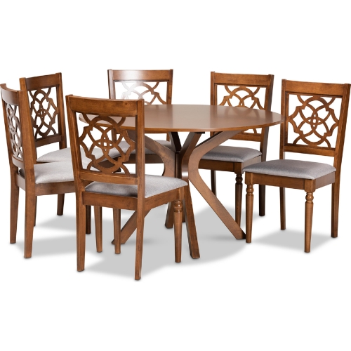 Sadie 7 Piece Dining Set in Gray Fabric & Walnut Finish Wood