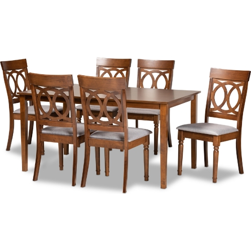 Lucie 7 Piece Dining Set in Gray Fabric & Espresso Finish