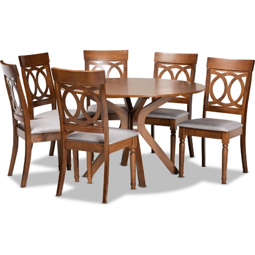 Jessie 7 Piece Dining Set in Gray Fabric & Walnut Wood