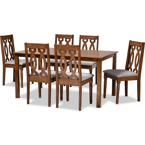 Cherese 7 Piece Dining Set in Gray Fabric & Walnut Finish