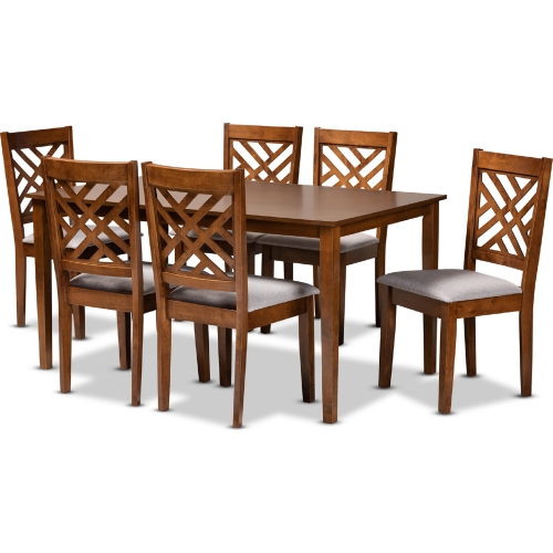 Caron 7 Piece Dining Set in Gray Fabric & Walnut