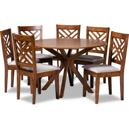 Norah 7 Piece Dining Set in Gray Fabric & Walnut Finish Wood