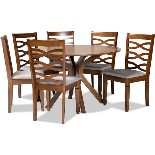 Mila 7 Piece Dining Set in Gray Fabric & Walnut Brown Wood