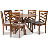 Mila 7 Piece Dining Set in Gray Fabric & Walnut Brown Wood